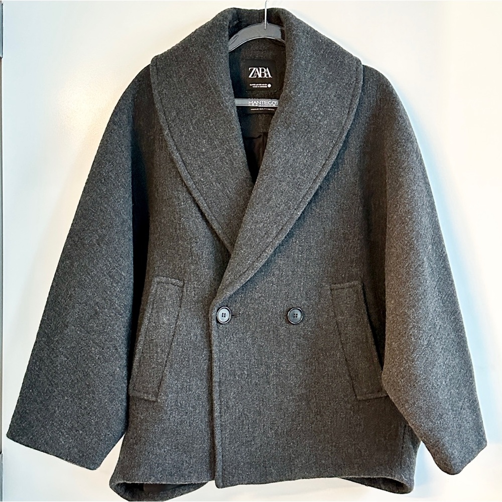 Zara Dark Charcoal Double-Breasted Wool Pea Coat